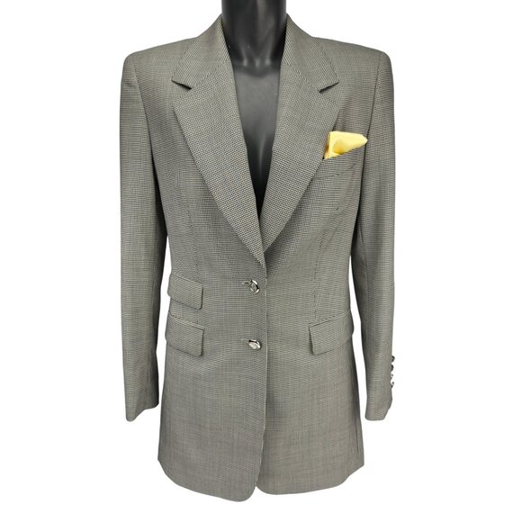 ESCADA VTG Power 100% Wool Longline Academia Houndstooth Gray Blazer Eu 36 Us 4 - Picture 3 of 13
